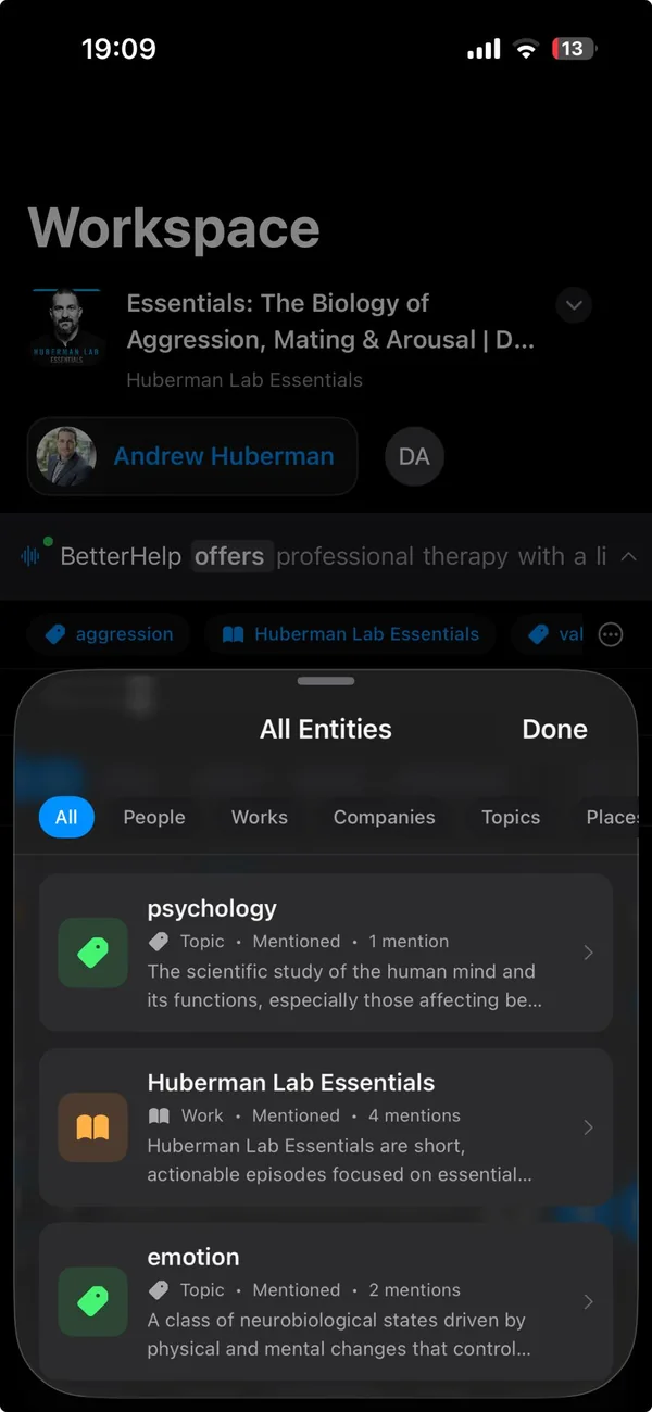 Mention pills in the listening view on iPhone