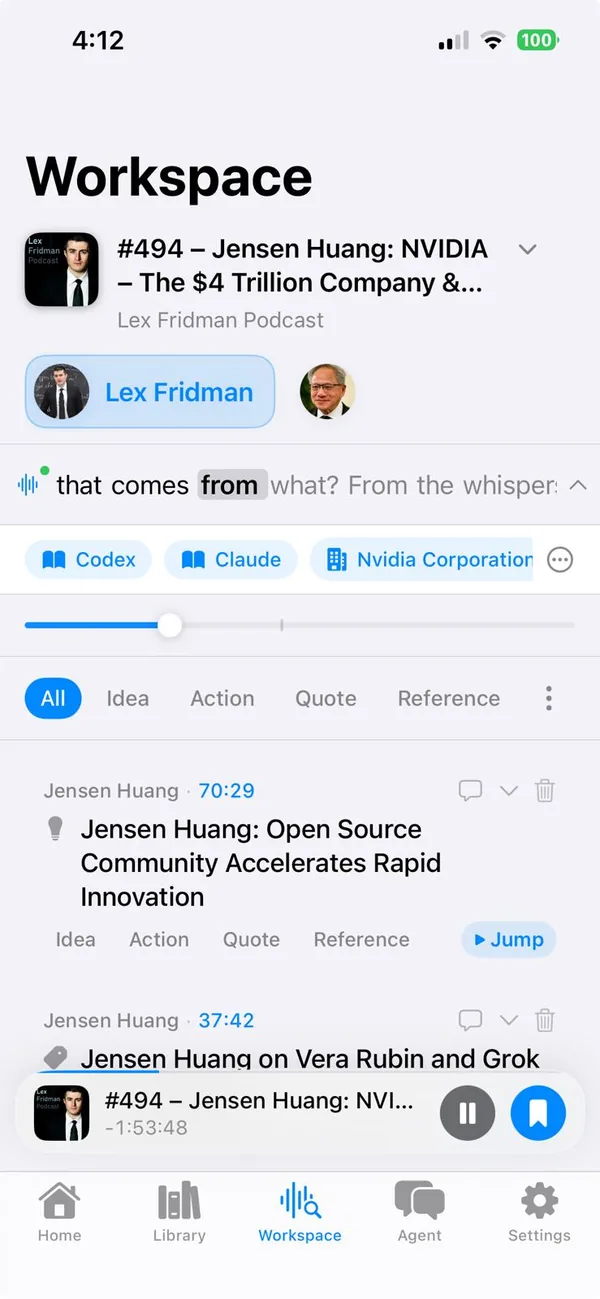 Workspace: transcript and highlights